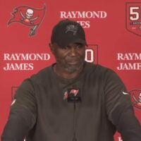 Todd Bowles speaks with reporters after the Buccaneers beat the Panthers in Week 18.